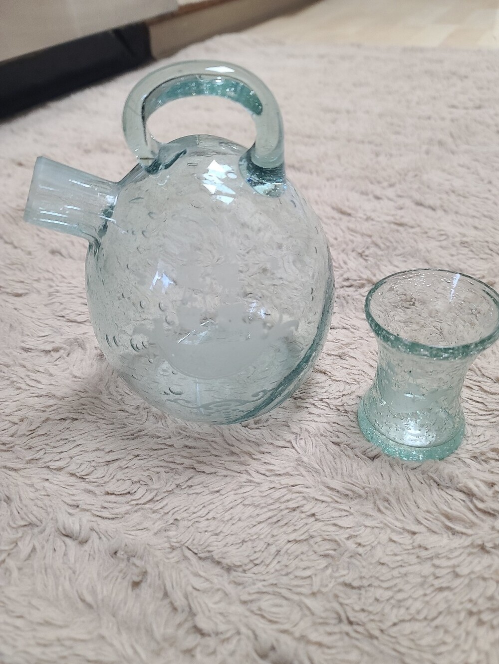 Tilted Handblown Bubble Glass Water Pitcher and Tumbler Set, Clear Glass